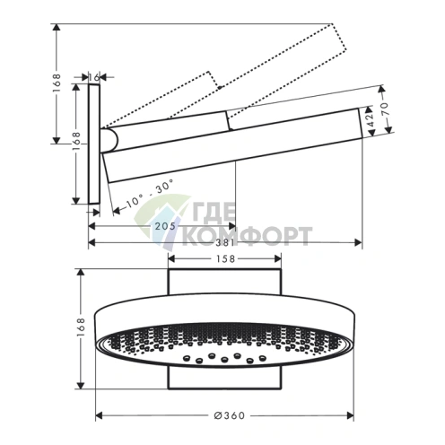 Верхний душ HG Rainfinity 360° 3jet с настенным креплением в полированном золоте (26234990) - фото 2