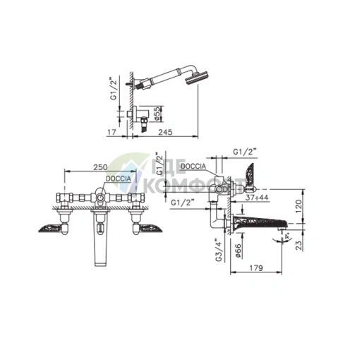 Встраиваемый смеситель для ванны Nicolazzi Liberty с настенным изливом, хром (1003CR16) - фото 2