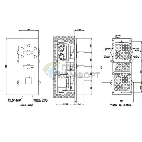 Встраиваемый термостат Gessi Rettangolo с 5 выходами, подключением 3/4 и селектором, хром (43032#031) - фото 2