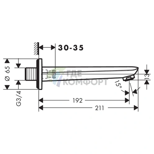 Излив для ванны Hansgrohe Novus: настенный, 192 мм, хром (71320000) - фото 2