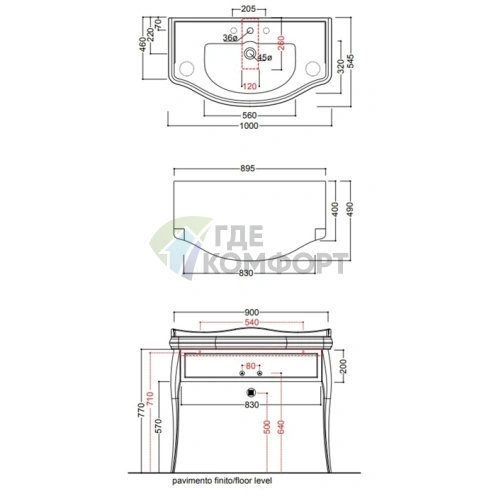 Раковина KERASAN Retro 100x54.5 см черная блестящая с одним отверстием и черными ножками (2 шт.) (105004 nero*1) - фото 4