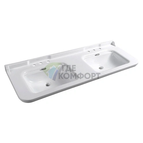Двойная керамическая раковина Kerasan Waldorf 150×55 см, белая, с 3 отверстиями под смеситель (4143K1bi/cr*3) - фото 1