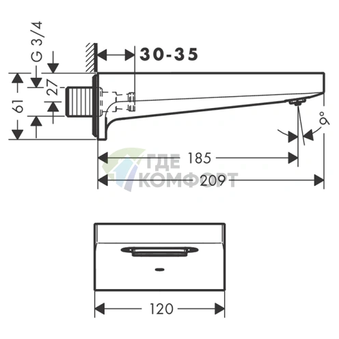 Излив для ванны Hansgrohe Metropol 185 мм настенный в шлифованной бронзе (32543140) - фото 2