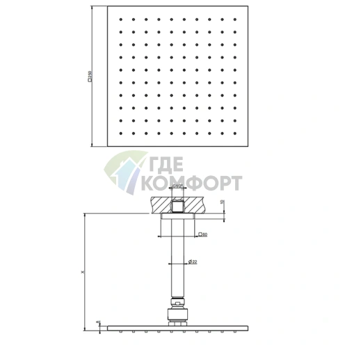 GESSI Rilievo Потолочная душевая головка 250x250 мм, хром (длина 105–1855 мм под заказ) (59159#031) - фото 2