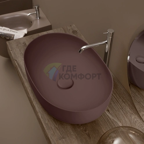 Накладная раковина Kerasan Nolita 60х40 см без отверстия, цвет Бургундский матовый, с донным клапаном (534375) - фото 1