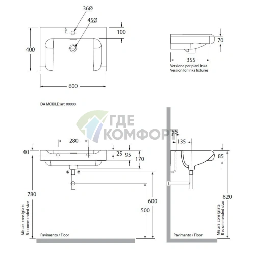 Раковина KERASAN Inka Project INKA 60x40x35 Nero Lucido с отверстием под смеситель (341104*1) - фото 6