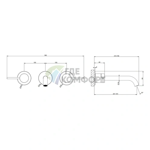 Встраиваемый смеситель GESSI 316 для раковины с изливом 200-180 мм, цвет Black XL (54094#299) - фото 2