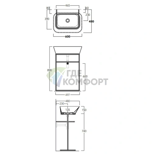Раковина-чаша прямоугольная SIMAS WAVE 60×42×16,5 см белая без отверстия - фото 2