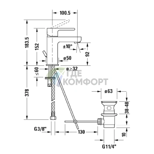 Смеситель для раковины Duravit B.2 с донным клапаном, хром (B21020001010) - фото 2