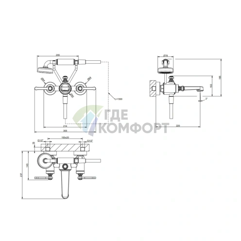 Настенный смеситель для ванны GESSI VENTI20 с ручным душем, черный матовый (65113#299) - фото 2