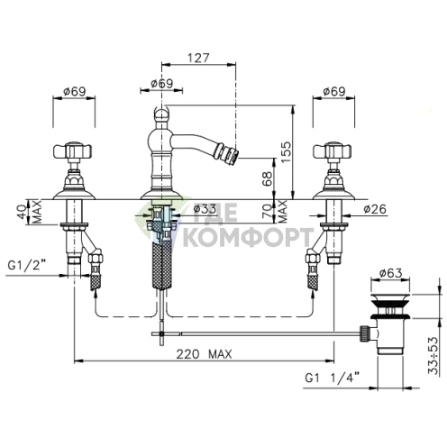 Смеситель для биде Nicolazzi Dames Anglaises на 3 отверстия с донным клапаном, хром (1415CR18) - фото 2