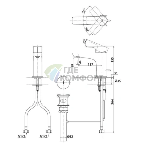 Смеситель для раковины TOTO GE на 1 отверстие со сливным клапаном, хром (TLG07301R) - фото 2