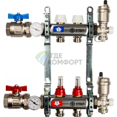 Коллекторная группа в сборе из нержавеющей стали с расходомерами на 2 выхода STOUT - фото 2