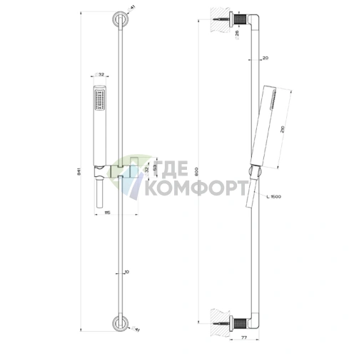 GESSI INCISO Душевая гарнитура со штангой, лейкой и шлангом 1,5 м (цвет: Finox Brushed Nickel) (58145#149) - фото 2