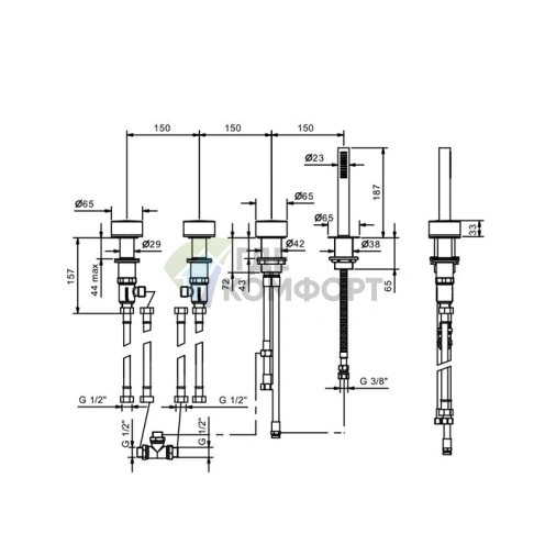 Смеситель для ванны Fantini Nice накладной с ручным душем, 2 входа, 4 отверстия, хром (65 02 S067S) - фото 2