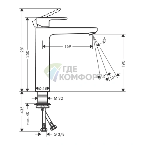 Смеситель для раковины HANSGROHE VERNIS BLEND однорычажный, черный матовый, высота 19 см (71582670) - фото 2