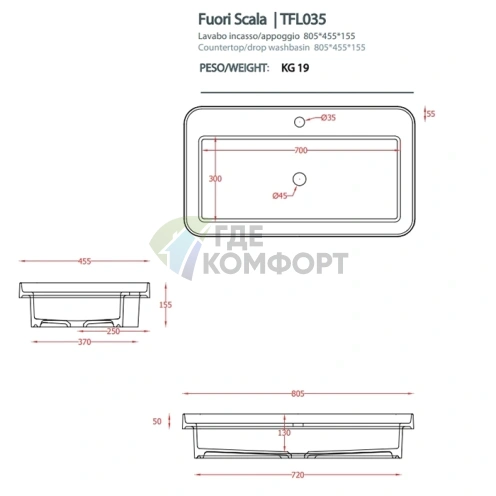 Встраиваемая раковина Artceram Fuori Scala 80×45 см без отверстия и перелива в цвете grigio oliva (TFL035 15 00 *1) - фото 2