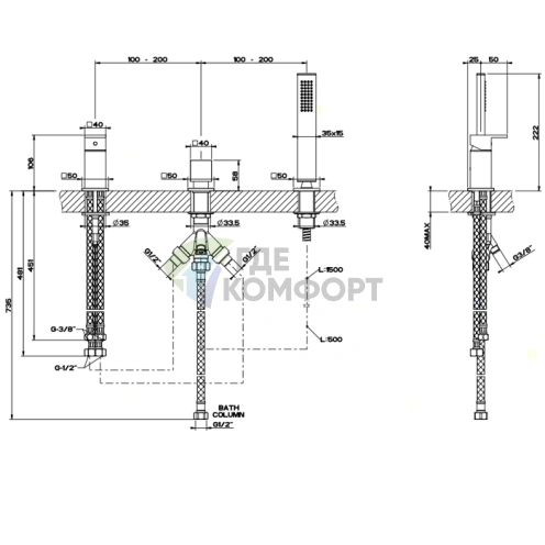 Смеситель для ванны Gessi Rettangolo на 3 отверстия с переключателем и ручным душем (без излива), хром (20043#031) - фото 2