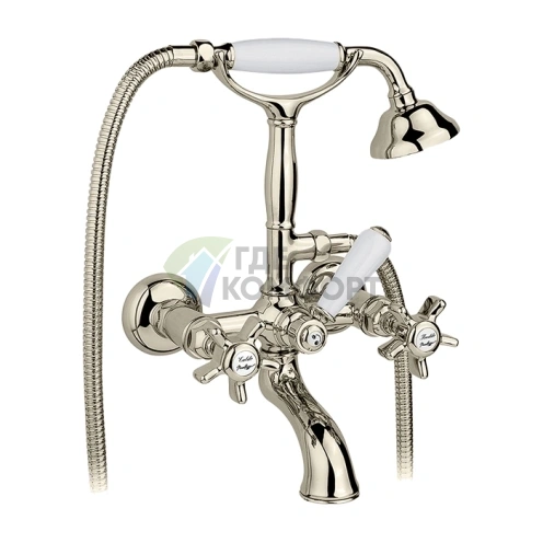 Смеситель для ванны Nicolazzi Dames Anglaises с ручным душем на 2 отверстия, белые керамические ручки, полированный никель (1401NL18) - фото 1