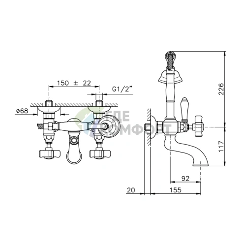 Смеситель для ванны Nicolazzi Dames Anglaises с ручным душем на 2 отверстия, белые керамические ручки, полированный никель (1401NL18) - фото 2