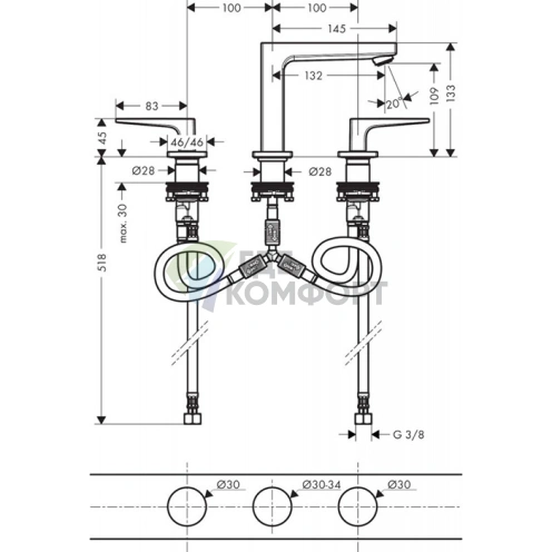 Смеситель для раковины Hansgrohe Metropol на 3 отверстия с донным клапаном, хром (32514000) - фото 2