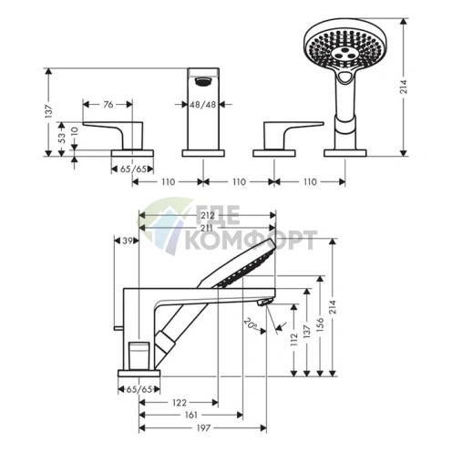 Смеситель Hansgrohe Metropol для ванны с ручным душем 3jet, хром (74552000) - фото 2
