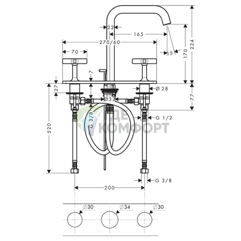 Смеситель для раковины AX Citterio E 3-отверстный, шлифованный никель (36116820) - фото 2