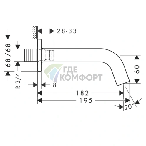 Излив для ванны AX Citterio M настенный, 182 мм, хром (34410000) - фото 2