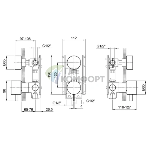 Смеситель для душа Fantini AF/21 встраиваемый на 2 выхода, цвет Matt British Gold PVD (27 P6 A585B) - фото 2