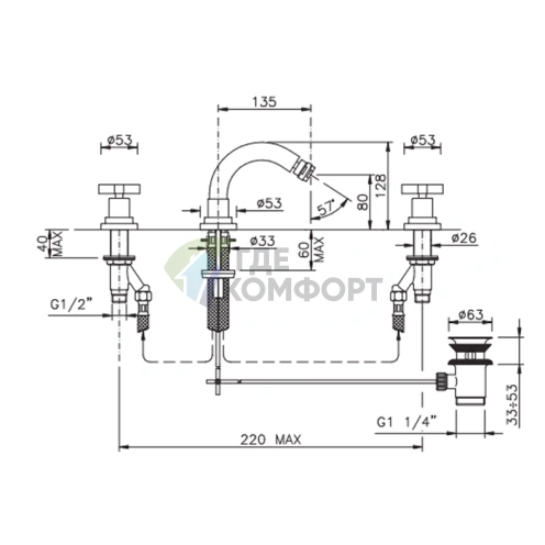 Смеситель для биде Nicolazzi M.Croce на 3 отверстия, излив 135 мм, хром (2215CR27) - фото 2