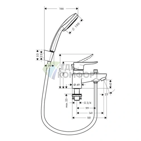 Смеситель для ванны Hansgrohe Metris с вакуумным переключателем и ручным душем Croma 100 Vario, хром (31422000) - фото 2