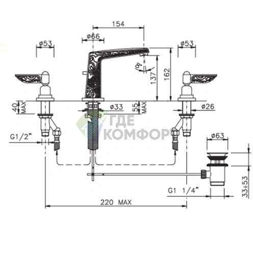 Смеситель для раковины Nicolazzi Liberty на 3 отверстия с донным клапаном, хром (1008CR16) - фото 2
