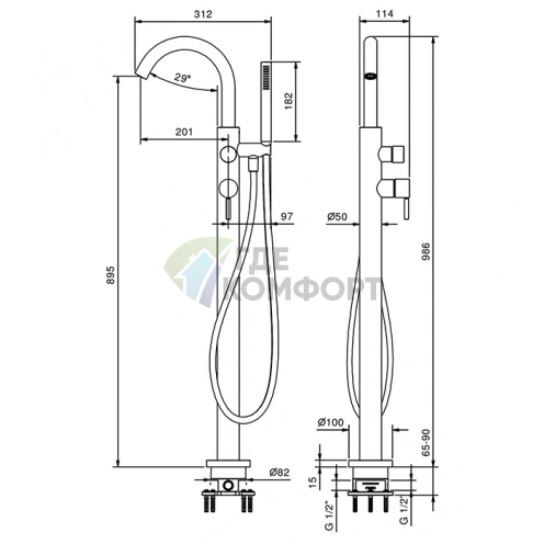 Напольный смеситель для ванны Fantini Nostromo с ручным душем, матовый черный (50 13 E880B) - фото 2