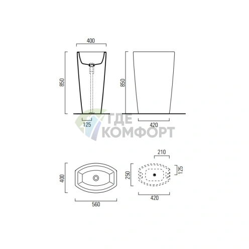 Отдельностоящая раковина GSI Norm 56x40x85 см без перелива, белая, со сливом в пол - фото 2