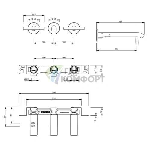 Настенный смеситель для раковины FANTINI SAILING Deep Black PVD (67 S1 J013B) - фото 2