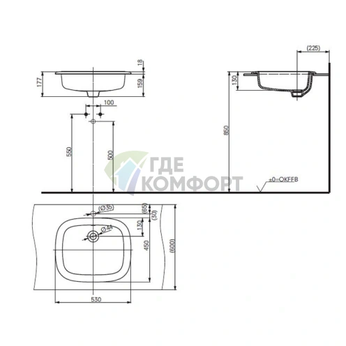 Встраиваемая раковина TOTO Public 530x450 мм белого цвета с технологией CeFiONtect (LW763Y#XW) - фото 3