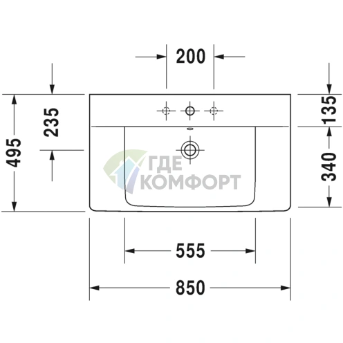 Встраиваемая раковина Duravit P3 Comforts 850x500 мм белого цвета с отверстием под смеситель (2332850000) - фото 2