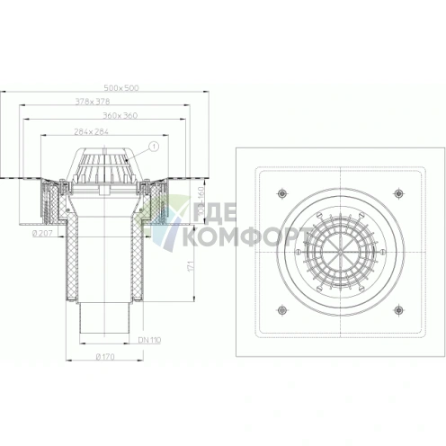 Кровельная воронка HL63H с листвоуловителем и теплоизоляцией - фото 3
