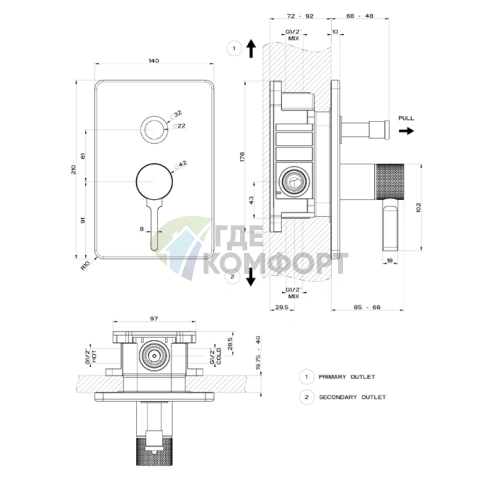 Встраиваемый смеситель GESSI INCISO на 2 источника с автоматическим переключателем, цвет Nero XL (58079#299) - фото 2