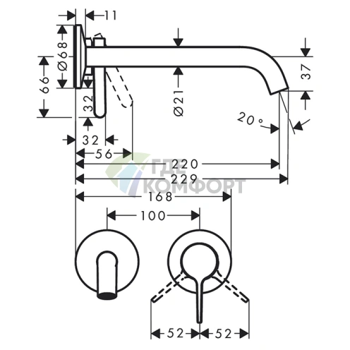 Настенный смеситель для раковины AX One в цвете шлифованная бронза (48120140) - фото 2