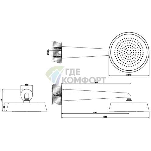 Верхний душ GESSI CONO 240 мм с настенным держателем 400 мм в цвете хром (45151#031) - фото 2