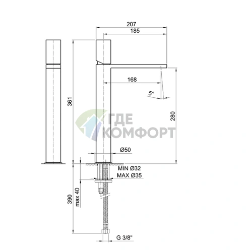 Смеситель для раковины Fantini Milano: матовая натуральная сталь, 1 отверстие (31 93 3006WF) - фото 2
