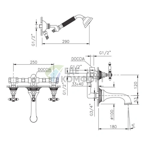 Золотой смеситель для ванны Nicolazzi Impero с двумя рычагами и ручным душем (1203GO36) - фото 2