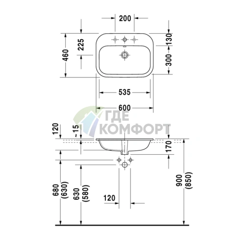 Раковина накладная Duravit Happy D2 с переливом и 3 отверстиями под смеситель, хром, 600x460 мм (483600030) - фото 2