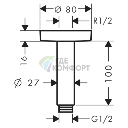 Потолочное подключение для верхнего душа HG S, 100 мм, G1/2, хром (27393000) - фото 2