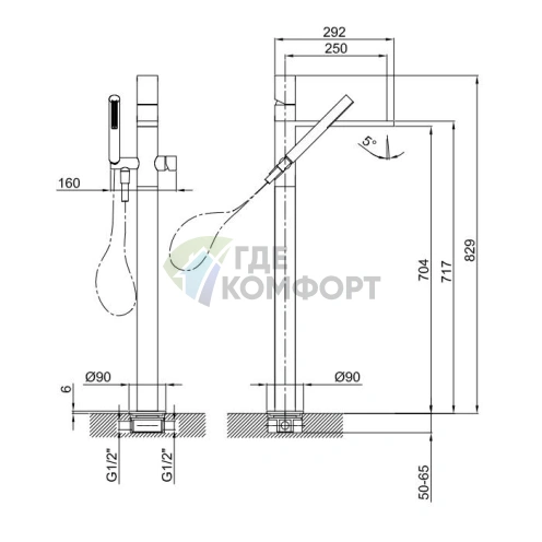 Напольный смеситель для ванны Fantini Milano с ручным душем, 250 мм, матовая натуральная сталь (31 93 3080B) - фото 2