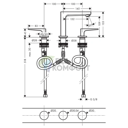 Смеситель для раковины Hansgrohe Metropol 110, на 3 отверстия, с донным клапаном Push-open, хром (74514000) - фото 2