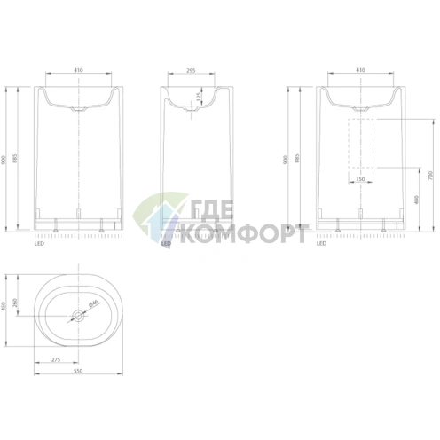 Раковина KNIEF Moon свободностоящая 55x45x90 см с белым выпуском и матовым белым сифоном - фото 2