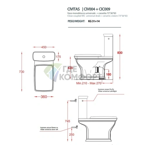 Унитаз-моноблок Artceram CIVITAS 36x54 см без бачка с универсальным сливом белый (CIV004 01 00) - фото 2