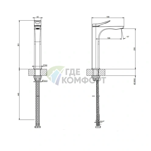 Смеситель для раковины GESSI Rilievo однорычажный, 1 отверстие, цвет Nero XL (59010#299) - фото 2